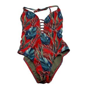 Five-O Bathing Swim Suit S Small Red Blue Floral Halter